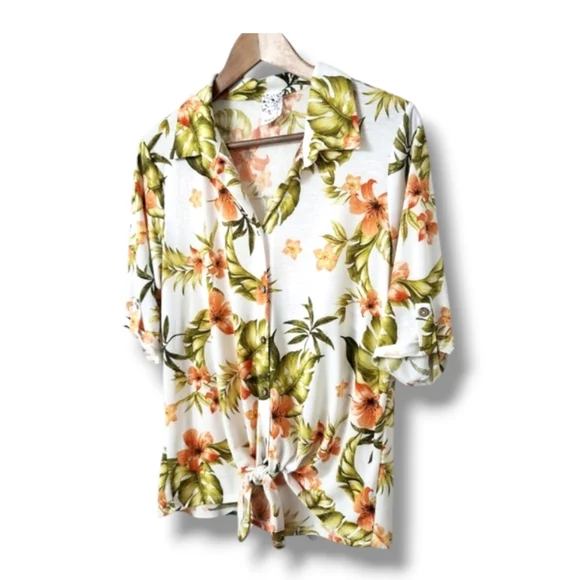 NAIF Tropical Floral Print Roll-Tab Tie Front Casual Top - Picture 8 of 8